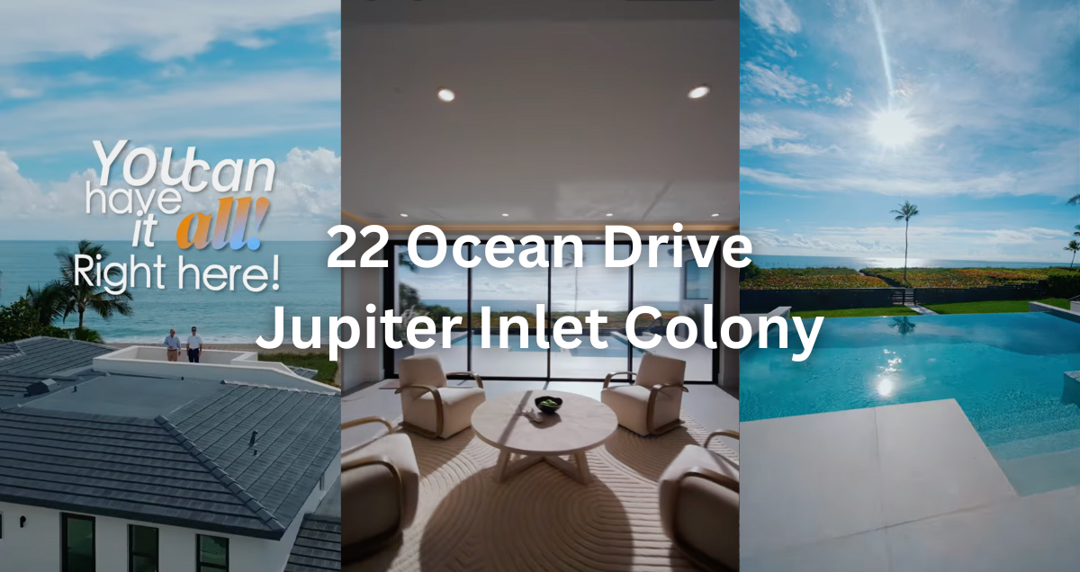 A collage of pictures of 22 Ocean Dr Jupiter Inlet Colony oceanfront home with rooftop deck, 100 feet beachfront, and Atlantic Ocean views